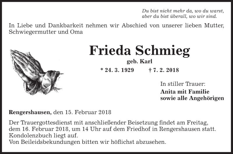  Traueranzeige für Frieda Schmieg vom 15.02.2018 aus Fränkische Nachrichten