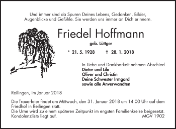 Traueranzeige von Friedel Hoffmann von Mannheimer Morgen / Schwetzinger Zeitung