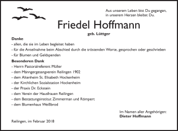 Traueranzeige von Friedel Hoffmann von Schwetzinger Zeitung