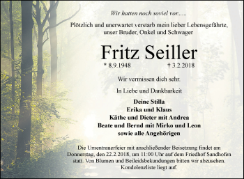 Traueranzeige von Fritz Seiller von Mannheimer Morgen