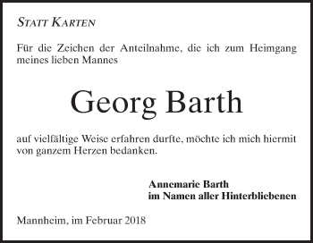 Traueranzeige von Georg Barth von Mannheimer Morgen
