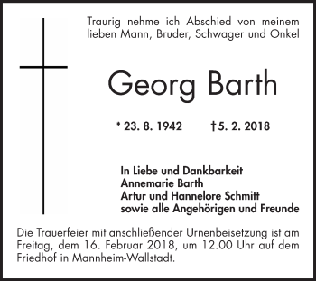 Traueranzeige von Georg Barth von Mannheimer Morgen