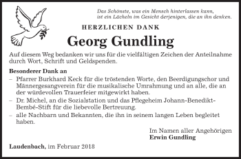 Traueranzeige von Georg Gundling von Fränkische Nachrichten