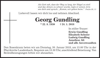 Traueranzeige von Georg Gundling von Fränkische Nachrichten