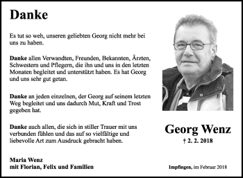 Traueranzeige von Georg Wenz von Fränkische Nachrichten