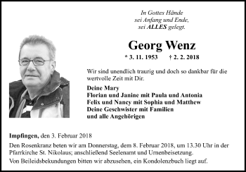 Traueranzeige von Georg Wenz von Fränkische Nachrichten