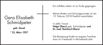 Traueranzeige von Gera Elisabeth Schmidpeter von Bergsträßer Anzeiger