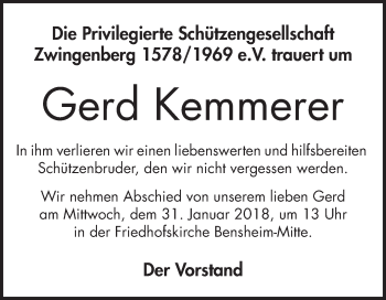 Traueranzeige von Gerd Kemmerer von Bergsträßer Anzeiger