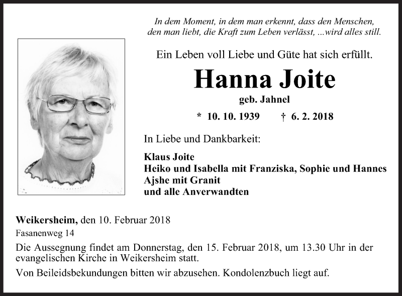  Traueranzeige für Hanna Joite vom 10.02.2018 aus Fränkische Nachrichten