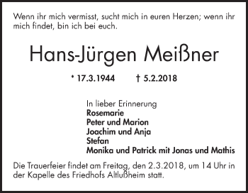 Traueranzeige von Hans-Jürgen Meißner von Schwetzinger Zeitung