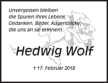 Traueranzeige von Hedwig Wolf von Fränkische Nachrichten