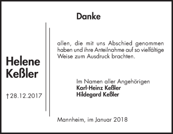 Traueranzeige von Helene Keßler von Mannheimer Morgen / Schwetzinger Zeitung