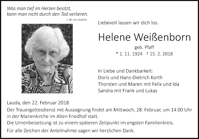  Traueranzeige für Helene Weißenborn vom 22.02.2018 aus Fränkische Nachrichten