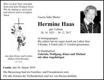 Traueranzeige von Hermine Haas von Fränkische Nachrichten