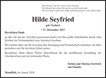 Traueranzeige von Hilde Seyfried von Fränkische Nachrichten