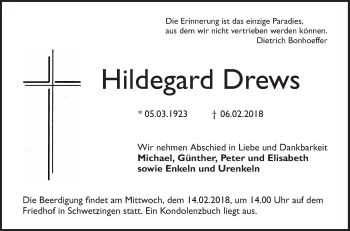 Traueranzeige von Hildegard Drews von Schwetzinger Zeitung