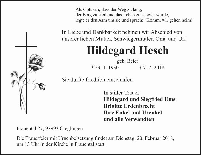  Traueranzeige für Hildegard Hesch vom 17.02.2018 aus Fränkische Nachrichten