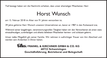 Traueranzeige von Horst Wunsch von Schwetzinger Zeitung