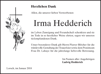 Traueranzeige von Irma Hedderich von Bergsträßer Anzeiger