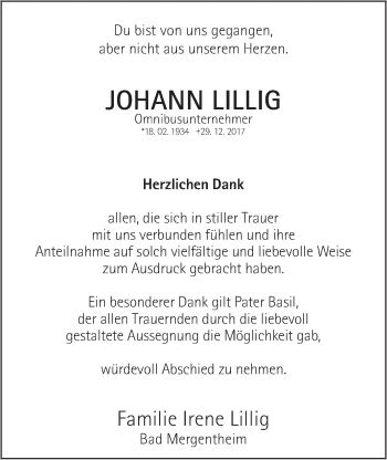 Traueranzeige von Johann Lillig von Fränkische Nachrichten