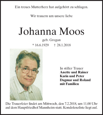 Traueranzeige von Johanna Moos von Mannheimer Morgen / Schwetzinger Zeitung