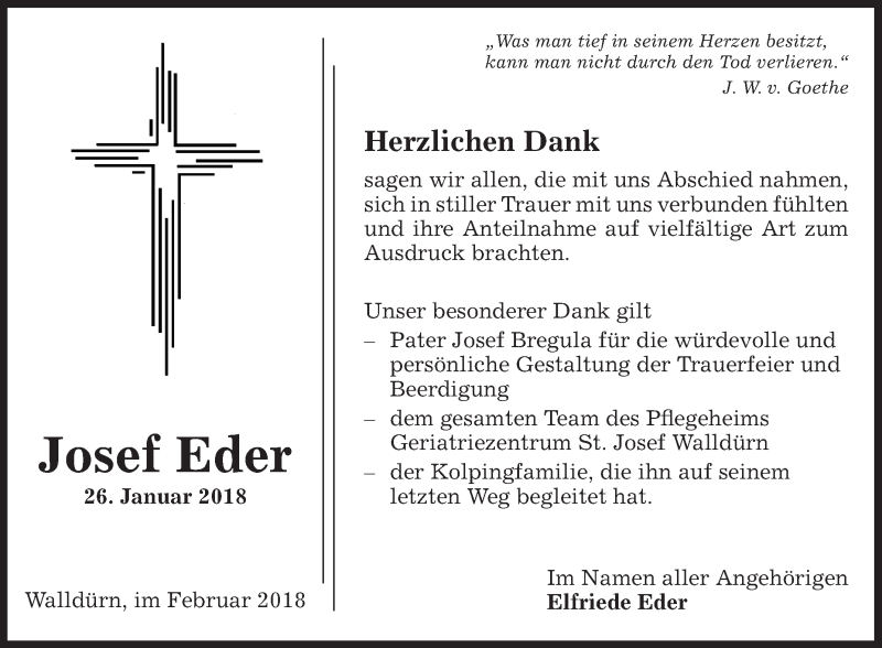  Traueranzeige für Josef Eder vom 10.02.2018 aus Fränkische Nachrichten