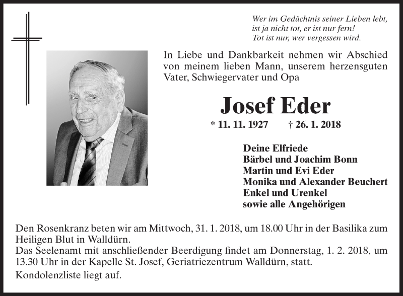  Traueranzeige für Josef Eder vom 30.01.2018 aus Fränkische Nachrichten