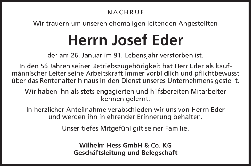  Traueranzeige für Josef Eder vom 31.01.2018 aus Fränkische Nachrichten