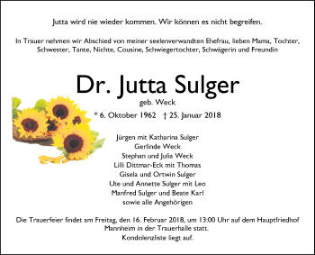 Traueranzeige von Jutta Sulger von Mannheimer Morgen / Schwetzinger Zeitung