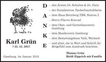 Traueranzeige von Karl Grün von Fränkische Nachrichten