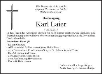 Traueranzeige von Karl Laier von Mannheimer Morgen / Schwetzinger Zeitung