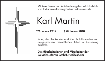 Traueranzeige von Karl Martin von Mannheimer Morgen / Schwetzinger Zeitung