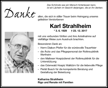 Traueranzeige von Karl Strahlheim von Fränkische Nachrichten