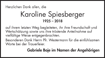 Traueranzeige von Karoline Spiesberger von Mannheimer Morgen