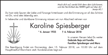 Traueranzeige von Karoline Spiesberger von Mannheimer Morgen