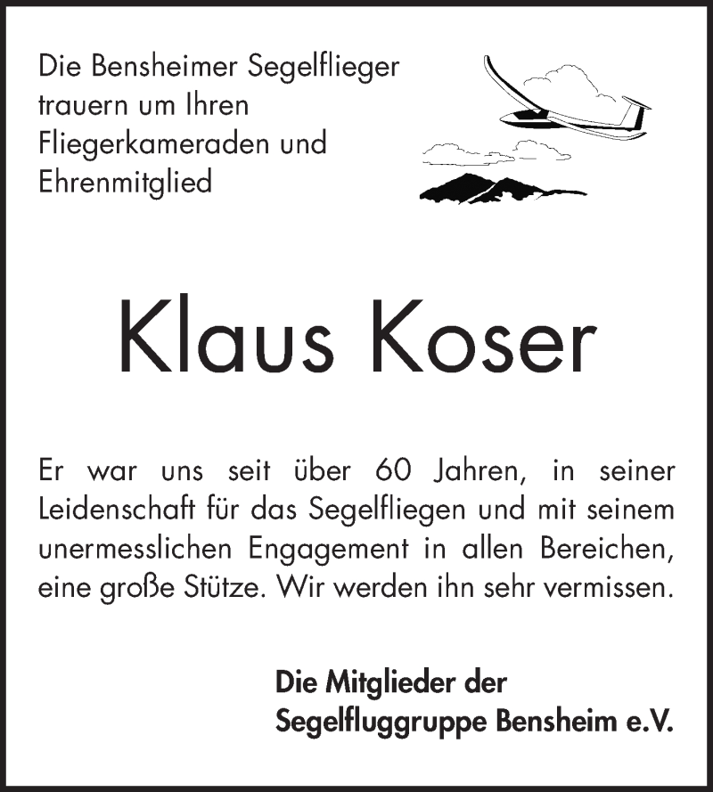 Traueranzeige für Klaus Koser vom 24.02.2018 aus Bergsträßer Anzeiger