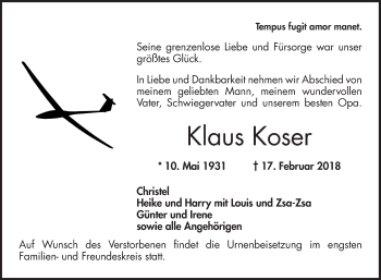 Traueranzeige von Klaus Koser von Bergsträßer Anzeiger