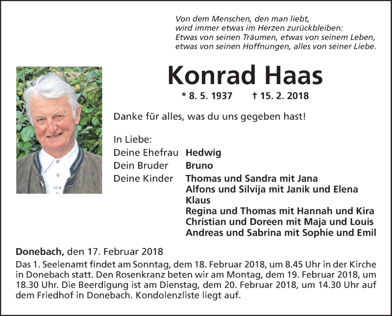  Traueranzeige für Konrad Haas vom 17.02.2018 aus Fränkische Nachrichten