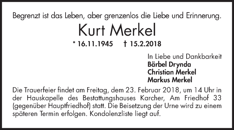  Traueranzeige für Kurt Merkel vom 20.02.2018 aus Mannheimer Morgen