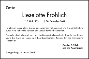 Traueranzeige von Lieselotte Fröhlich von Bergsträßer Anzeiger