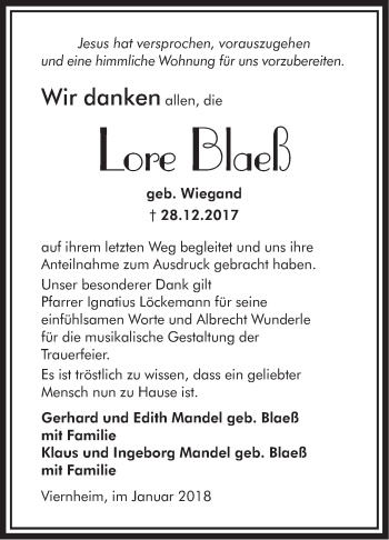 Traueranzeige von Lore Blaeß von Mannheimer Morgen / Schwetzinger Zeitung