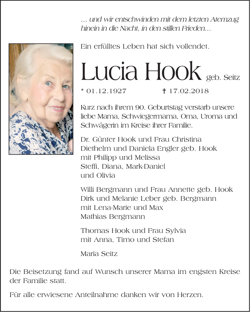  Traueranzeige für Lucia Hook vom 24.02.2018 aus Südhessen Morgen