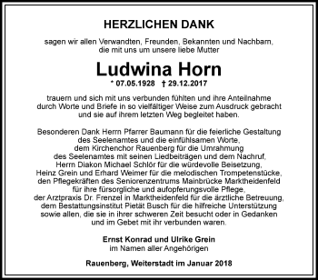 Traueranzeige von Ludwina Horn von Fränkische Nachrichten