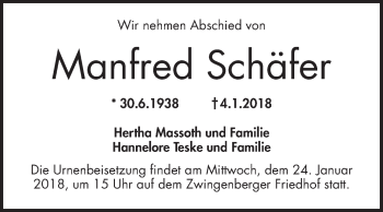 Traueranzeige von Manfred Schäfer von Bergsträßer Anzeiger