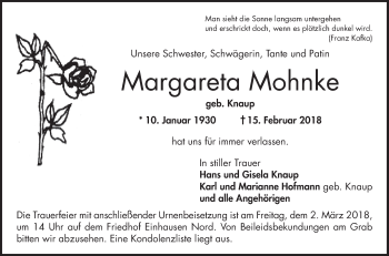 Traueranzeige von Margareta Mohnke von Bergsträßer Anzeiger