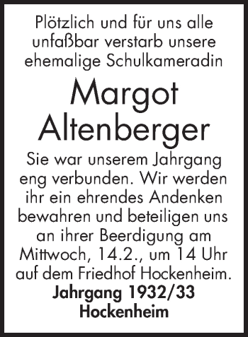 Traueranzeige von Margot Altenberger von Schwetzinger Zeitung