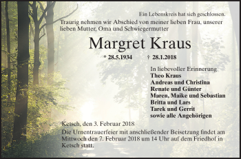 Traueranzeige von Margret Kraus von Mannheimer Morgen / Schwetzinger Zeitung