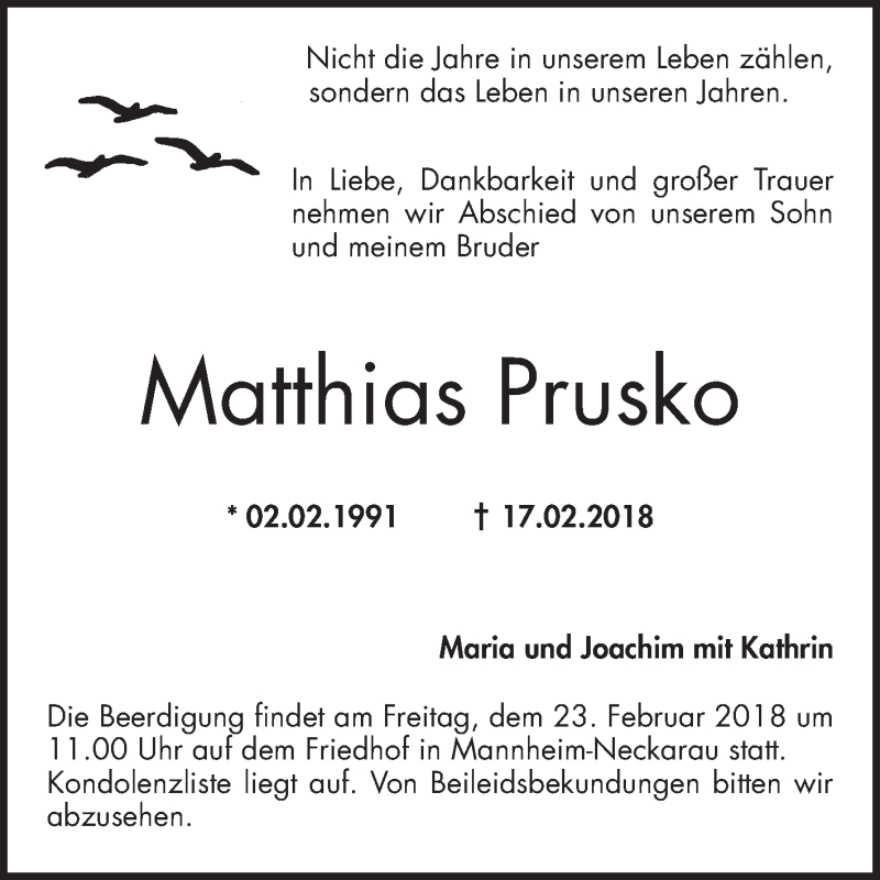  Traueranzeige für Matthias Prusko vom 21.02.2018 aus Mannheimer Morgen