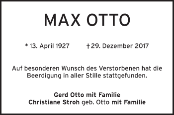 Traueranzeige von Max Otto von Mannheimer Morgen / Schwetzinger Zeitung