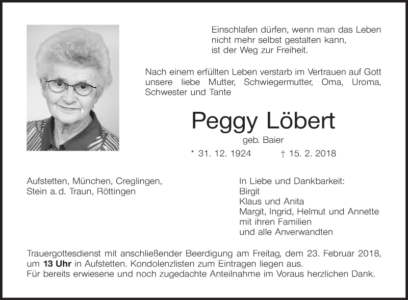  Traueranzeige für Peggy Löbert vom 20.02.2018 aus Fränkische Nachrichten
